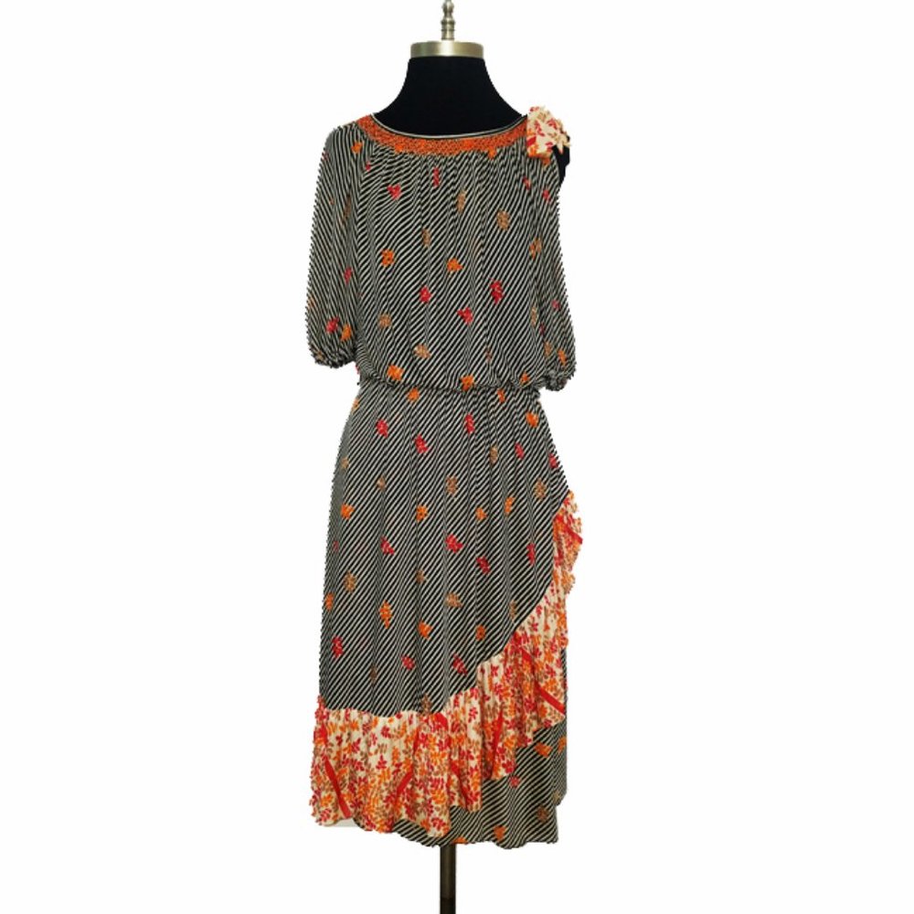 Vtg 70s French Boho Asymmetrical Frill Dress M